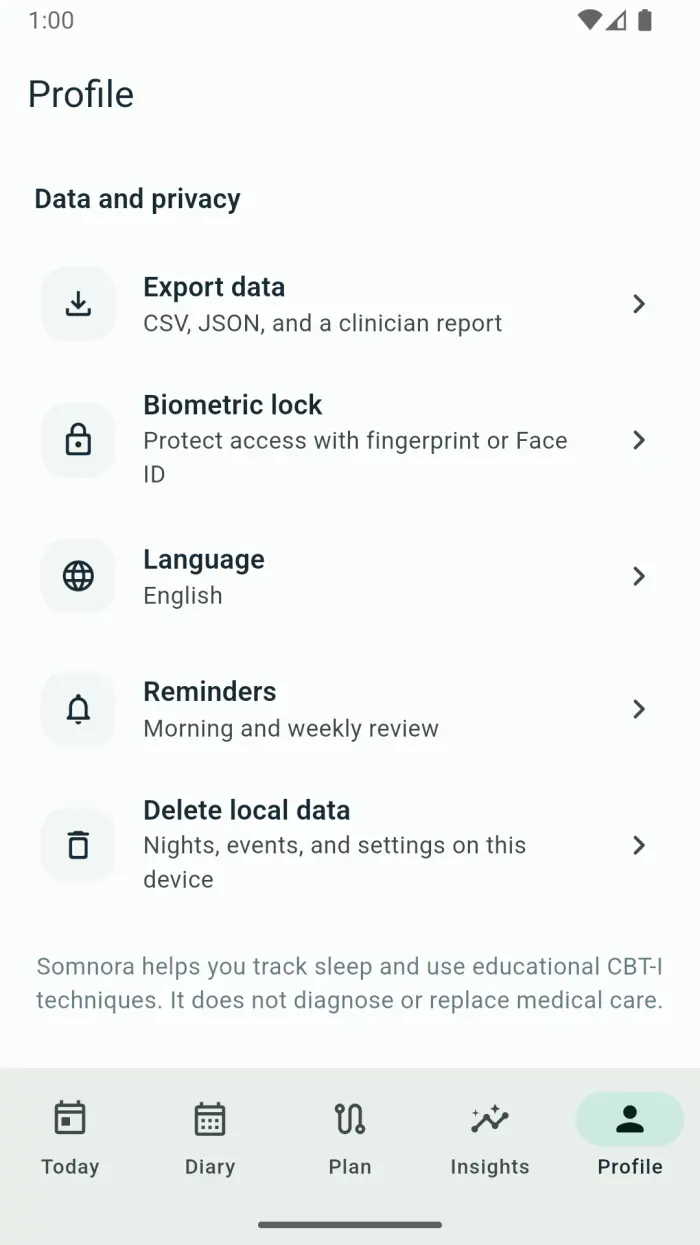 Somnora data, privacy, biometric lock and export controls